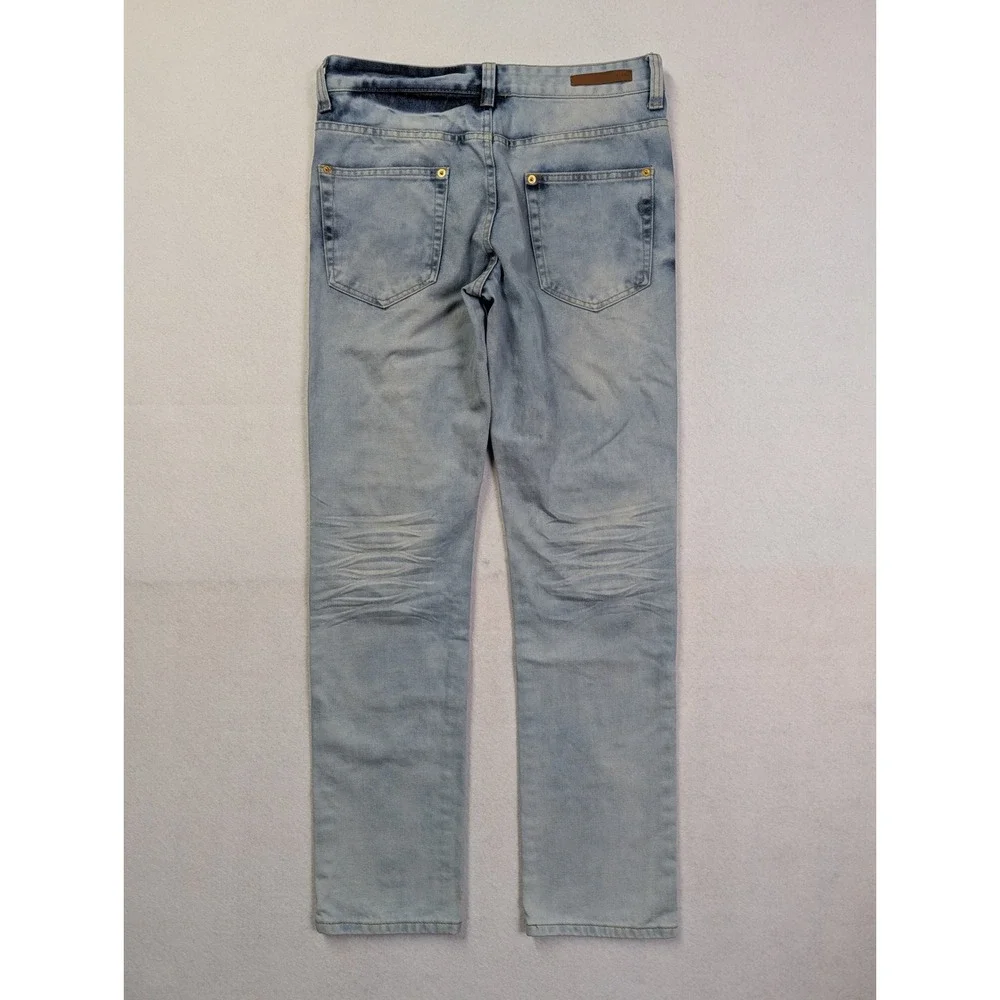 Finest Threads NY Mens Biker Jeans 34 x 32 Studded Zipper Distressed Blue